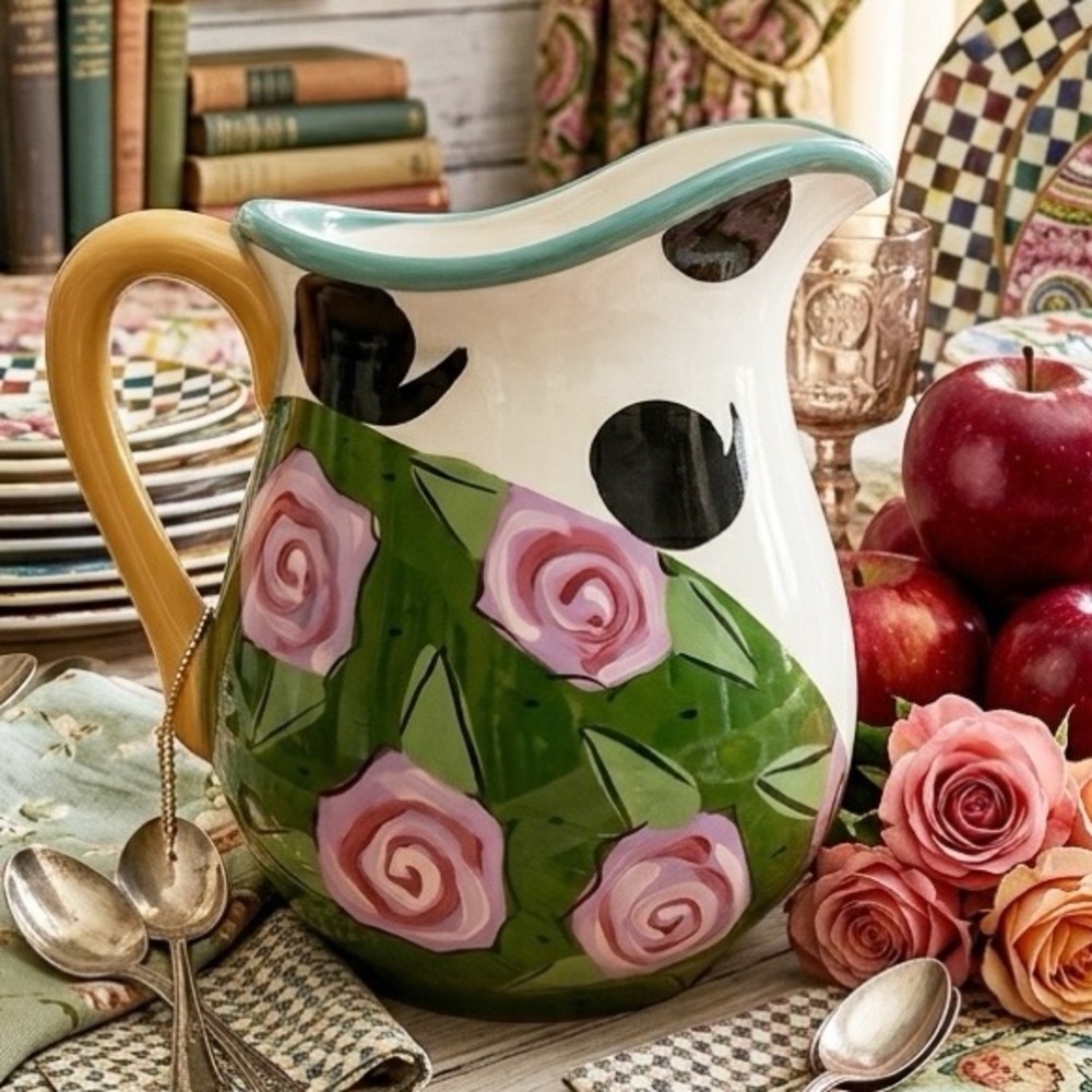 Droll Designs Rose Comma 48 oz. Hand Painted Pitcher VTG Early 90s Rare Pattern